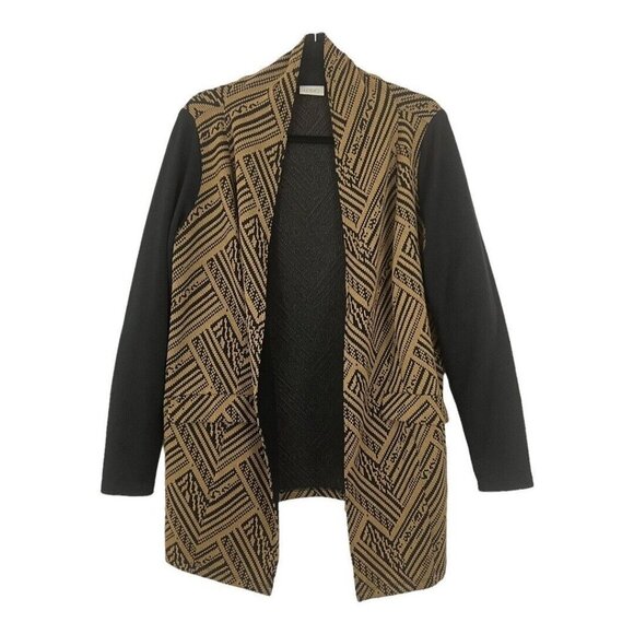 LOGO Lori Goldstein Womens Size Medium Tan Black Open Cardigan - Picture 2 of 5